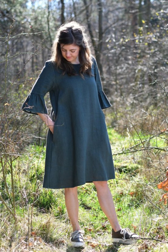 Damen Leinenkleid mit Rüschenärmeln - Größe: 36