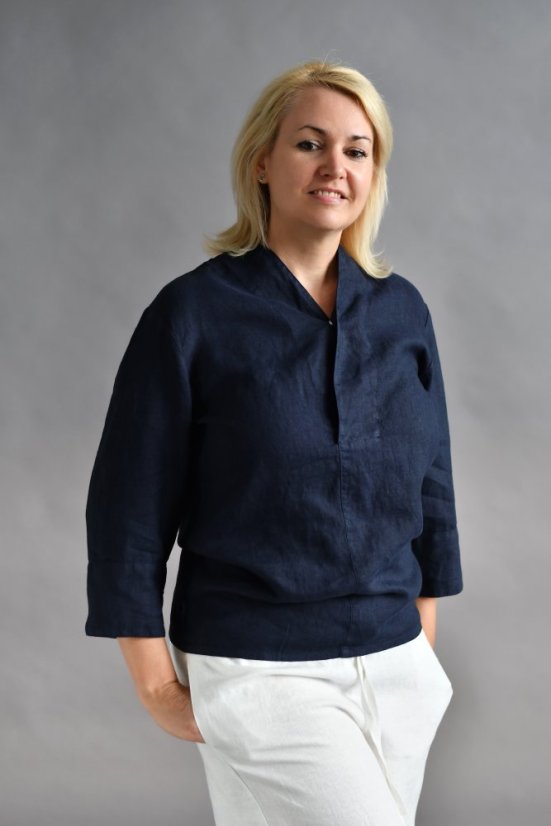 Pánská lněná košile s 3/4 rukávem - navy modrá