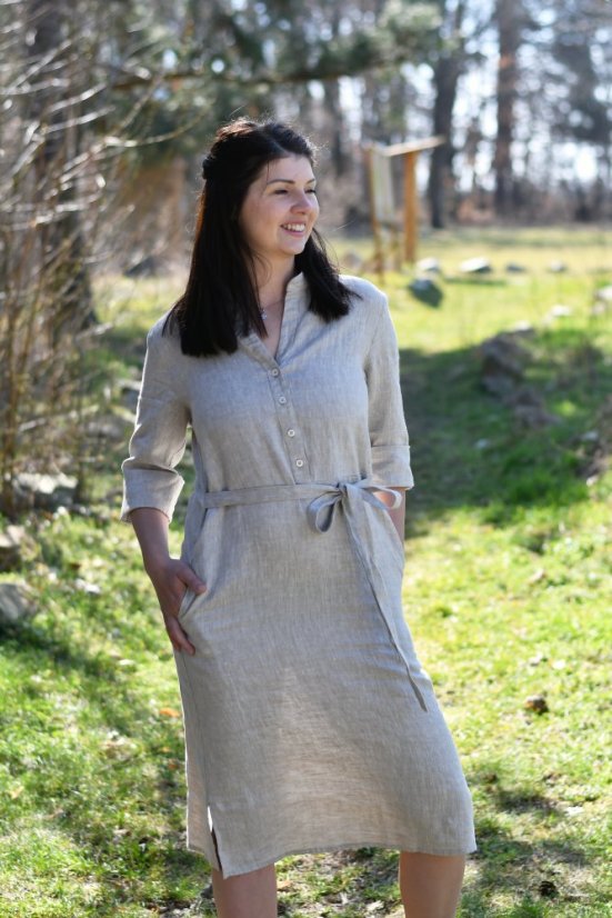 Damen-Hemdblusenkleid aus Leinen mit Ärmeln und Gürtel - Größe: 42