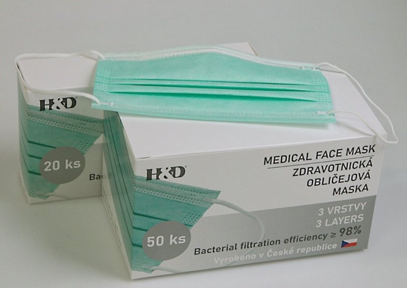Tschechische zertifizierte Einweg-OP-Masken BFE>=98 % – 20 Stück – höchste Effizienz - Farbe: Grün, Größe: MIX Tschechische zertifizierte Einweg-OP-Masken BFE>=98 % – 20 Stück – höchste Effizienz - Farbe: Grün, Größe: MIX