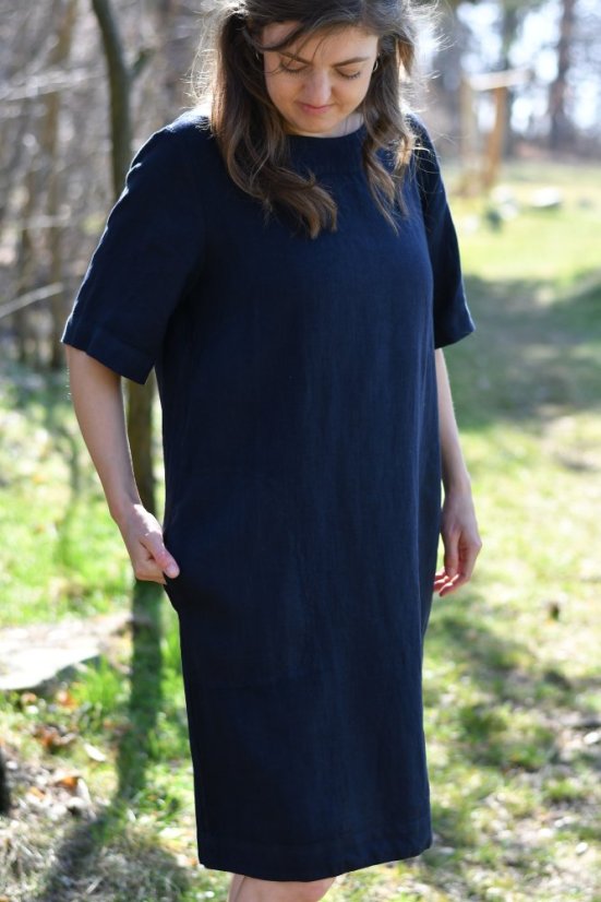 Lněné šaty áčkového střihu - navy modrá