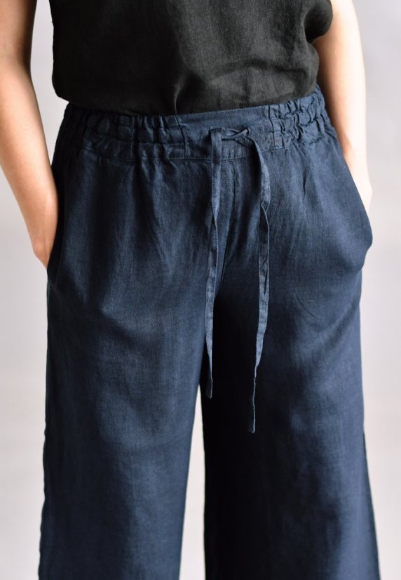 Dámské lněné kalhoty, maxi délka - navy modré
