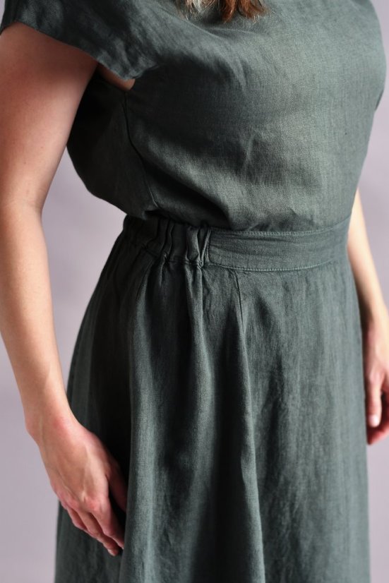 Dlouhá lněná sukně v pase na gumu - tmavě zelená