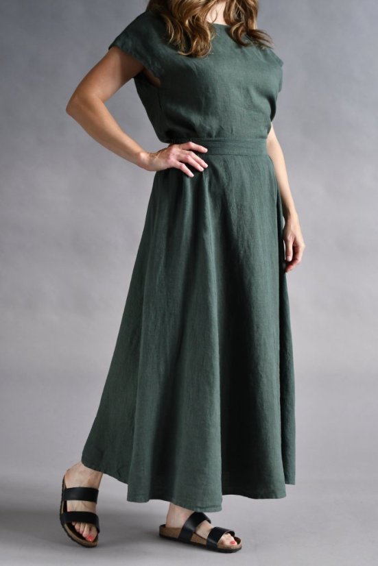 Dlouhá lněná sukně v pase na gumu - tmavě zelená