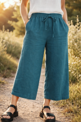 Dámské lněné kalhoty, 7/8 délka - petrolejové