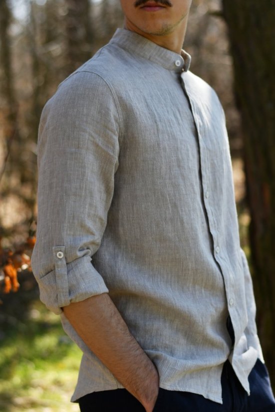 Pánská lněná košile se stojáčkem - přírodní melanž