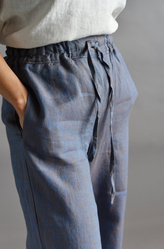 Dámské lněné kalhoty, maxi délka - modrohnědé