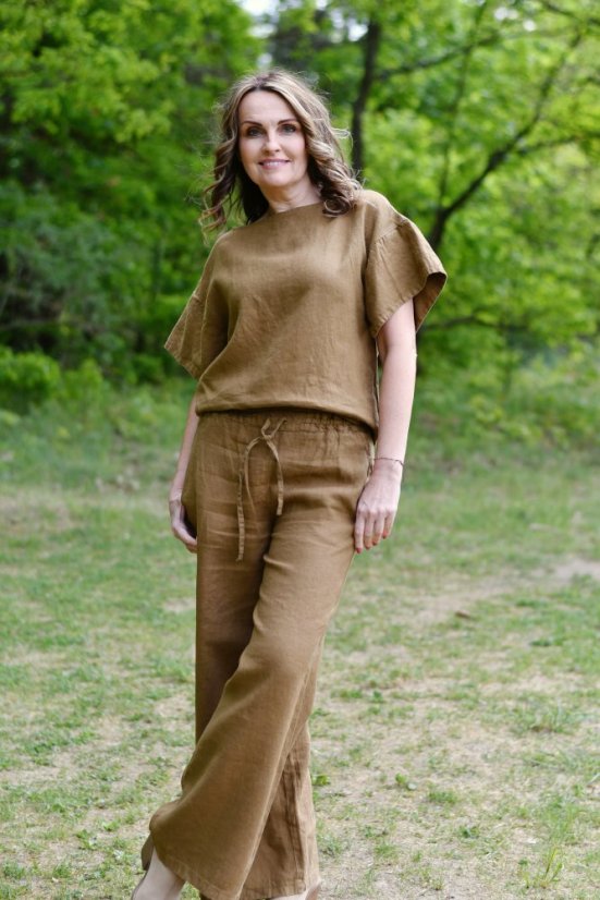 Lněná halenka oversize - skořicově hnědá