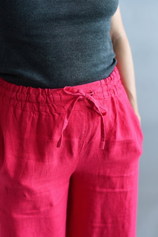 Dámské lněné kalhoty, 7/8 délka - malinové - Velikost: 46