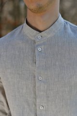Pánská lněná košile se stojáčkem a krátkým rukávem - přírodní melanž