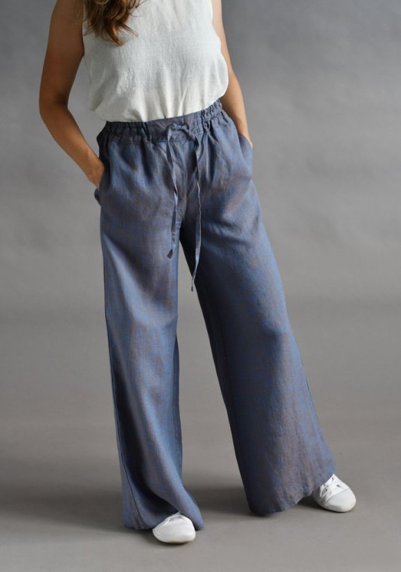 Dámské lněné kalhoty, maxi délka - modrohnědé