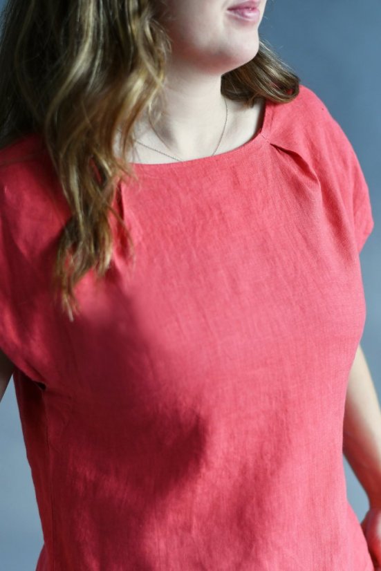 Lněný top s lodičkovým výstřihem - korálový