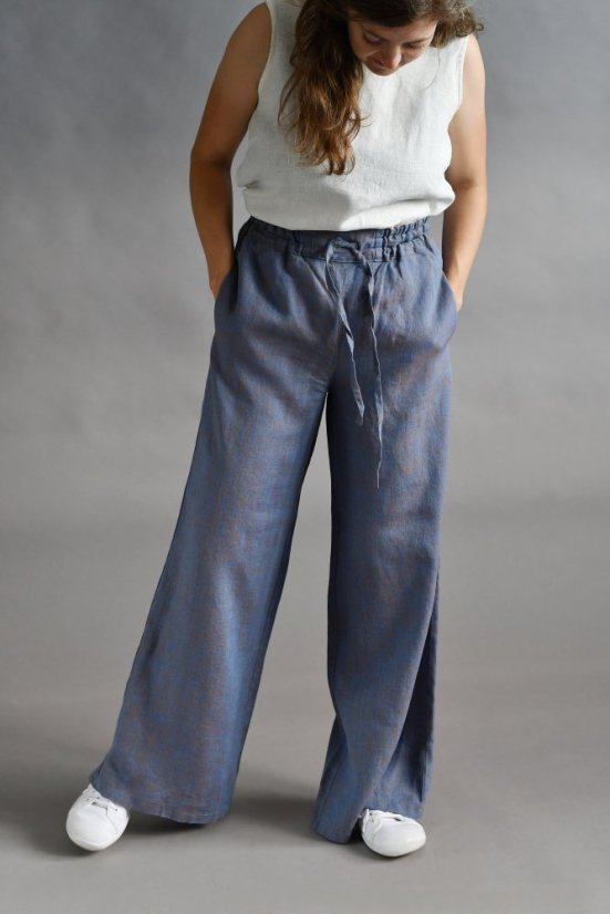 Dámské lněné kalhoty, maxi délka - modrohnědé