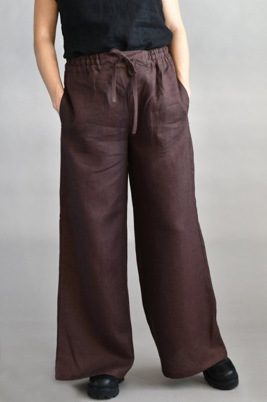 Dámské lněné kalhoty, maxi délka - hnědé