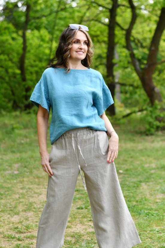 Lněná halenka oversize - petrolejová