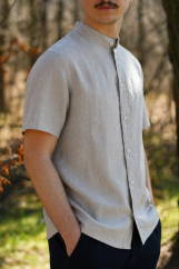 Pánská lněná košile se stojáčkem a krátkým rukávem - přírodní melanž