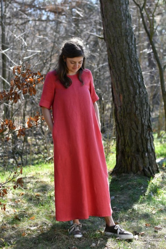 Dámské dlouhé lněné šaty s rukávem - lososové