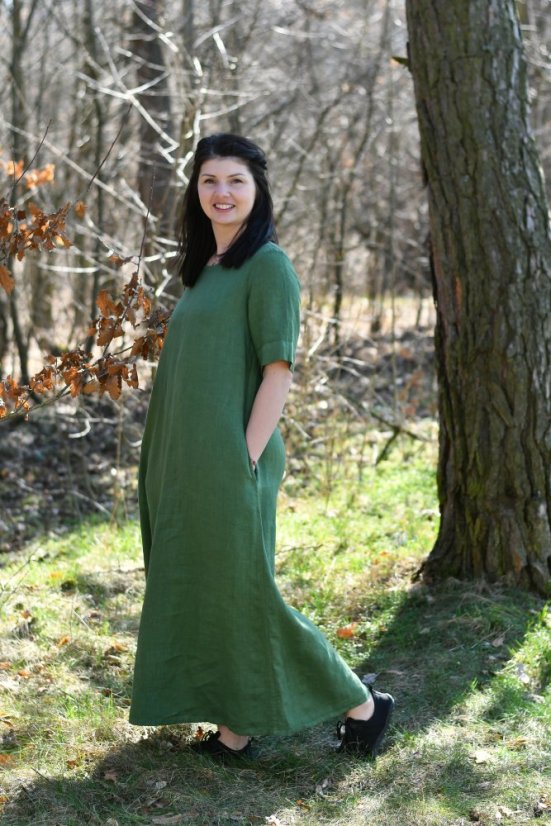 Dámské dlouhé lněné šaty s rukávem - Velikost: 42