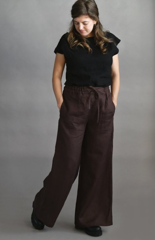 Dámské lněné kalhoty, maxi délka - hnědé