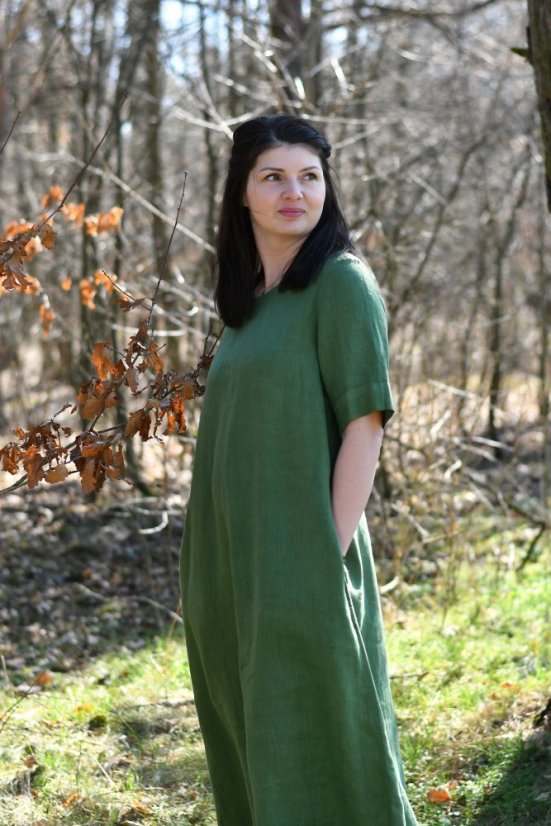 Dámské dlouhé lněné šaty s rukávem - Velikost: 42