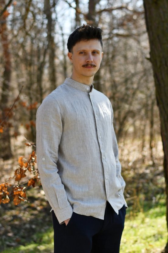 Men's linen shirt with a stand-up collar