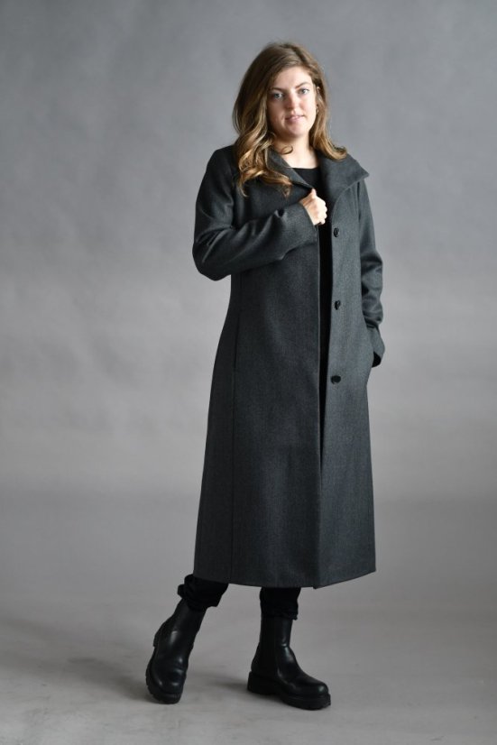 Dámský luxusní kabát ze 100 % vlny se skrytým zapínáním– tmavě šedý