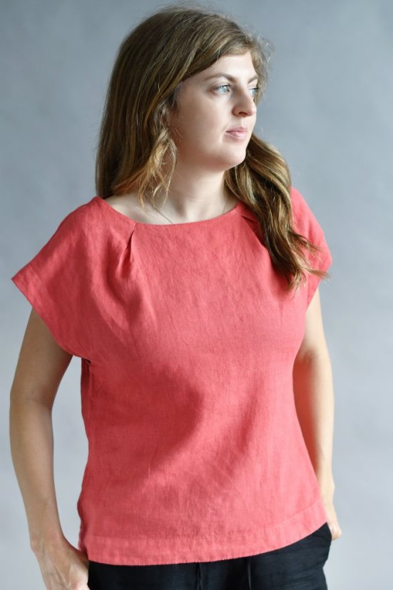 Lněný top s lodičkovým výstřihem - korálový