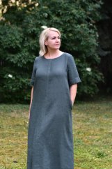Dlouhé lněné šaty s rukávem a kapsami - tmavě zelené