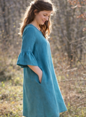 Damen Leinenkleid mit Rüschenärmeln - teal blue