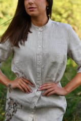 Women's linen shirt dress with stand-up collar