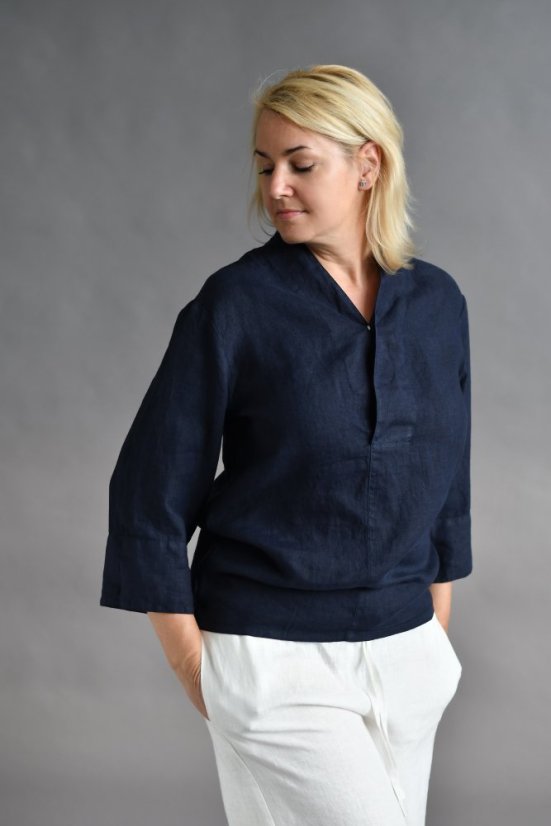 Pánská lněná košile s 3/4 rukávem - navy modrá