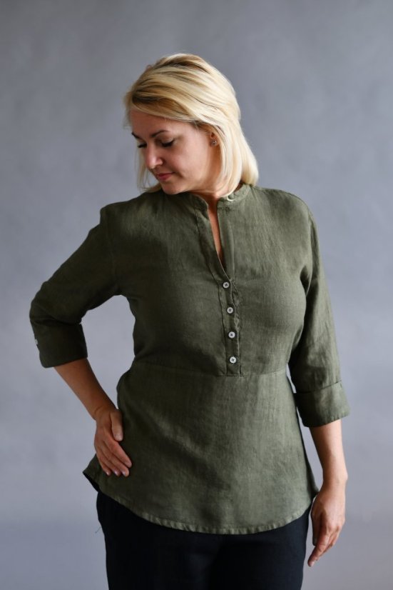 Dámská lněná košile s vázačkou a knoflíky - khaki