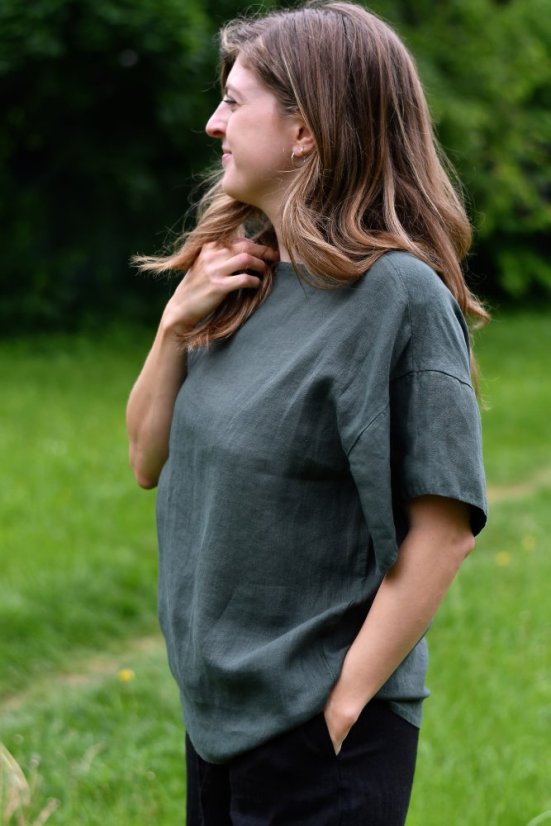 Lněná halenka oversize - tmavě zelená