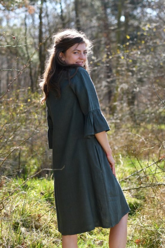 Damen Leinenkleid mit Rüschenärmeln - Größe: 42