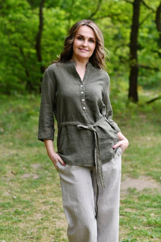 Dámská lněná košile s vázačkou a knoflíky - khaki