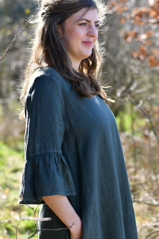 Damen Leinenkleid mit Rüschenärmeln - Größe: 36