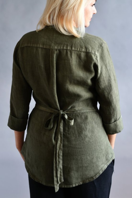 Dámská lněná košile s vázačkou a knoflíky - khaki