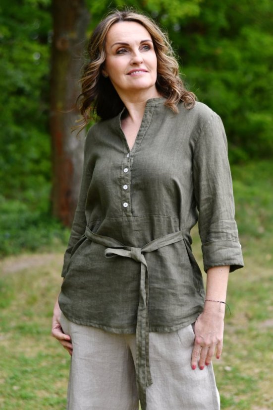 Dámská lněná košile s vázačkou a knoflíky - khaki
