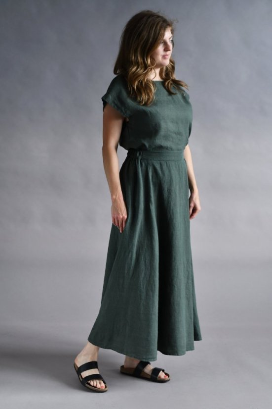 Dlouhá lněná sukně v pase na gumu - tmavě zelená