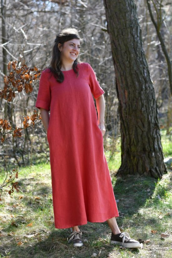 Dámské dlouhé lněné šaty s rukávem - lososové