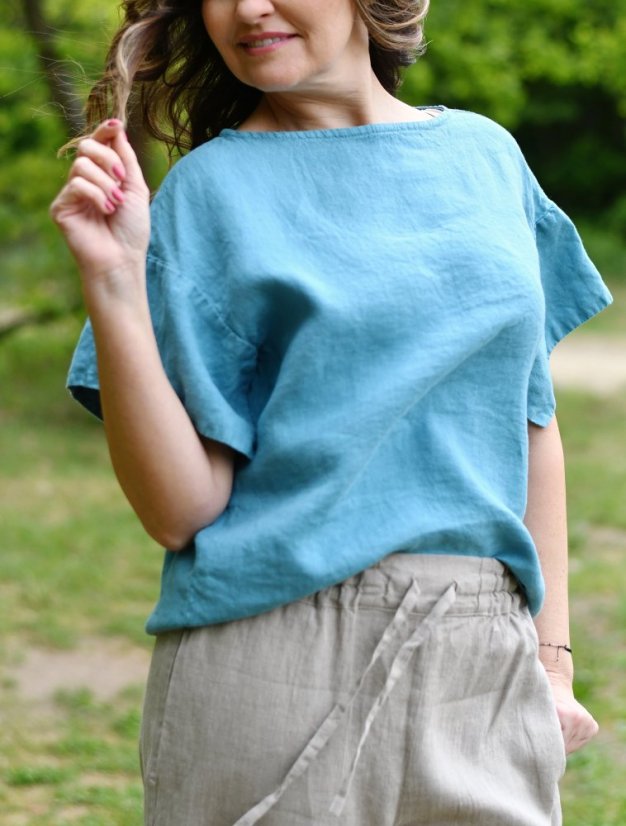 Lněná halenka oversize - petrolejová