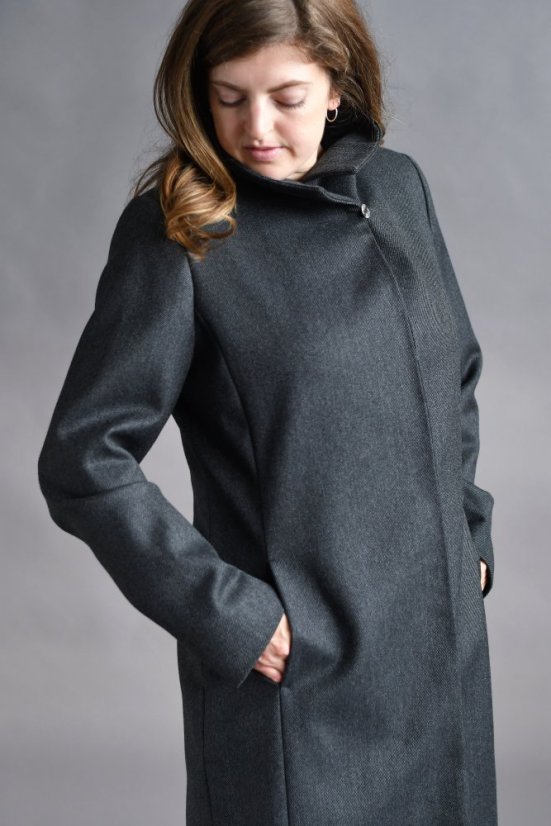 Dámský luxusní kabát ze 100 % vlny se skrytým zapínáním– tmavě šedý