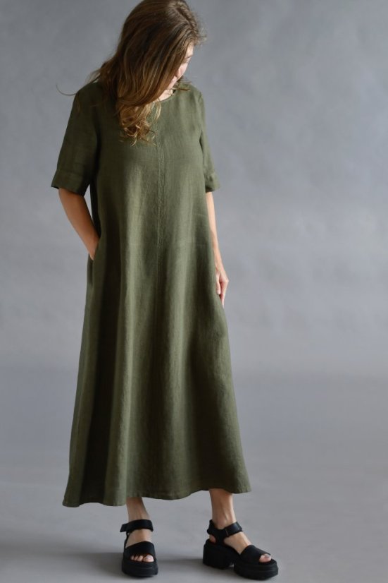 Dlouhé lněné šaty s rukávem a kapsami - khaki