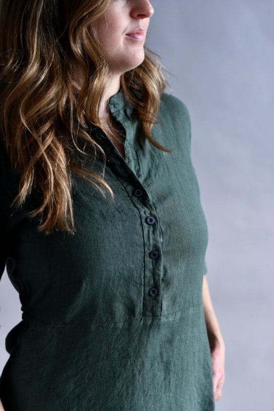 Damen-Hemdblusenkleid aus Leinen mit Ärmeln und Gürtel - Größe: 48
