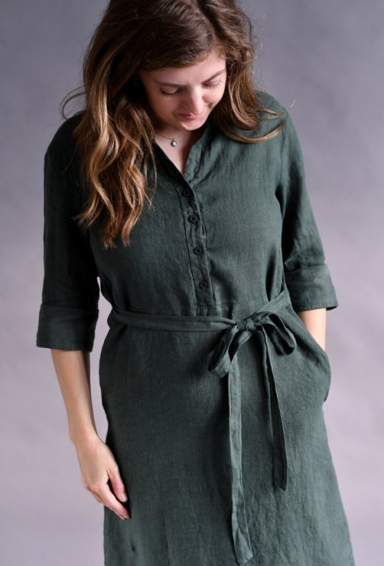 Damen-Hemdblusenkleid aus Leinen mit Ärmeln und Gürtel - Größe: 48