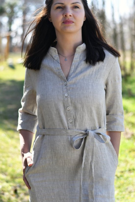 Damen-Hemdblusenkleid aus Leinen mit Ärmeln und Gürtel - Größe: 46