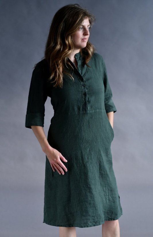 Damen-Hemdblusenkleid aus Leinen mit Ärmeln und Gürtel - Größe: 48